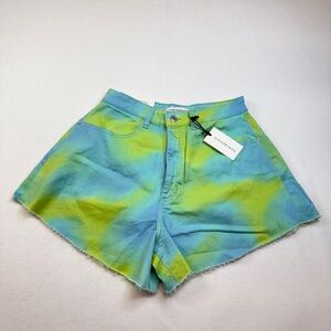 WeWoreWhat Blue and Green Jean Shorts with Artistic Pattern